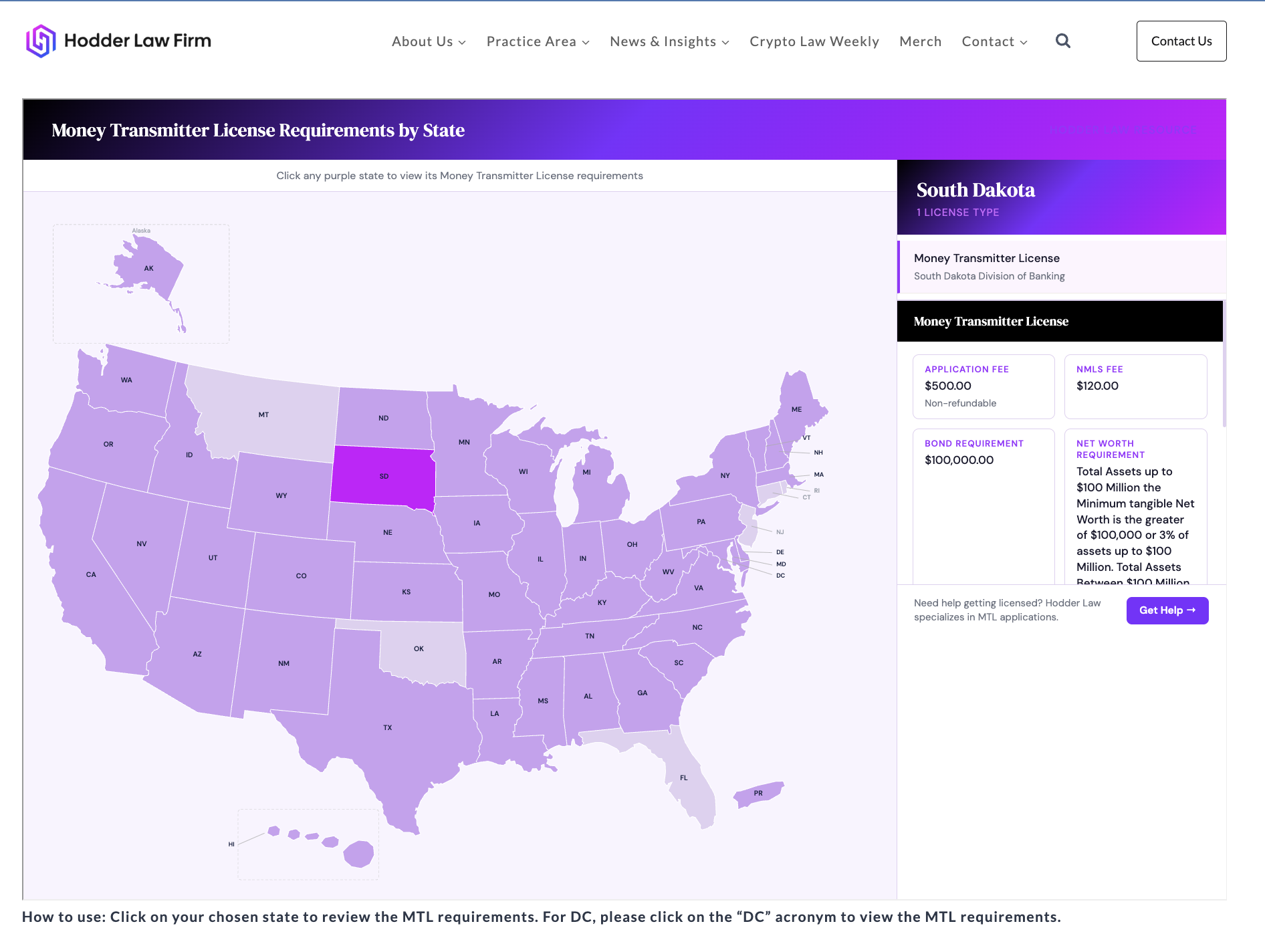 Interactive map of U.S. money transmitter license requirements built for Hodder Law